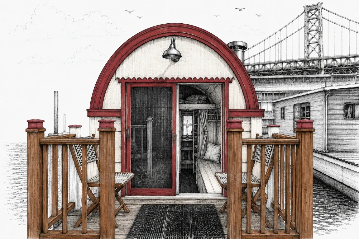 Illustration of The Rowhouse's curved red-trimmed entrance and private deck with two folding chairs, with the Ben Franklin Bridge beyond