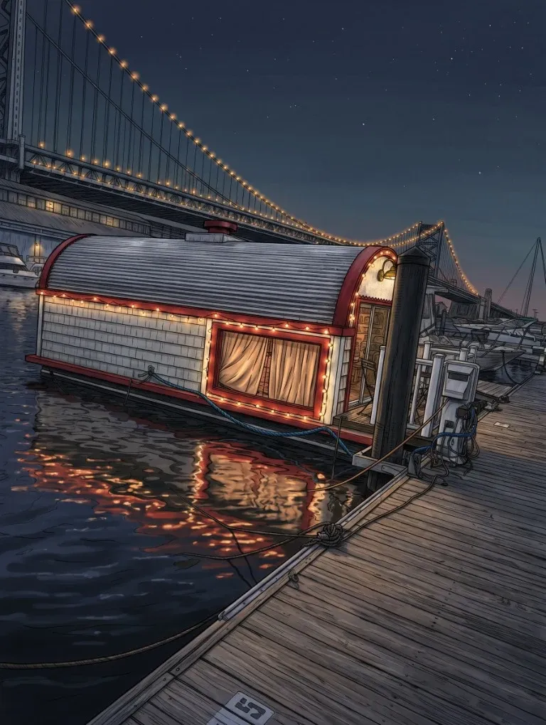 Illustration of The Rowhouse at night, its roofline, arch, and window outlined in warm bulb lights, moored along the Pier 5 Marina dock beneath the lit Ben Franklin Bridge