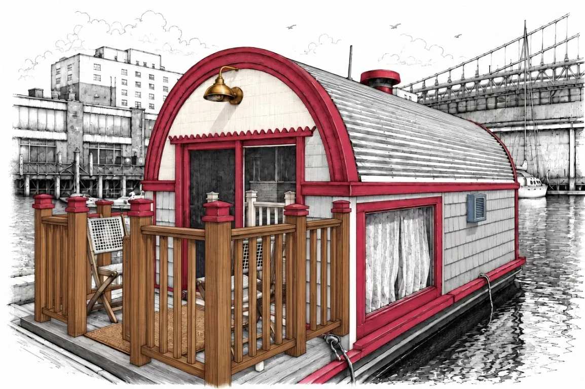 Illustration of The Rowhouse afloat at Pier 5 Marina, showing its arched shingled roof, red trim, and wood-railed deck beside Old City's waterfront
